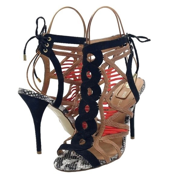River Island Strappy Caged Mixed Print Heels Black Coral Tan Women’s 7 US | 5 UK - Picture 4 of 16